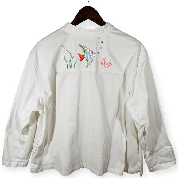 Quacker Factory Jacket Womens 2X Embroidered Tropical Fish Reef Zip Cotton White - Picture 4 of 14